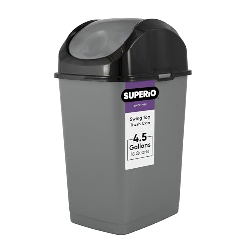 Superio Small Trash Can with Lid 4.5 Gallon Plastic Swing Top Garbage Can Slim Waste Bin for Under Sink/Cabinet, Laundry Room, Kitchen, Office, Bedroom, Bathroom, College Dorm, 18 Qt, Gray/Black - size: 4.5 Gallon