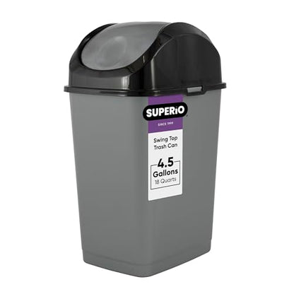 Superio Small Trash Can with Lid 4.5 Gallon Plastic Swing Top Garbage Can Slim Waste Bin for Under Sink/Cabinet, Laundry Room, Kitchen, Office, Bedroom, Bathroom, College Dorm, 18 Qt, Gray/Black - size: 4.5 Gallon
