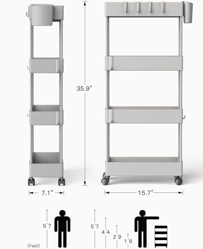 Pipishell 4 Tier Slim Storage Cart with Wheels, Laundry Cart, Gray - color: Gray, size: 4-Tier
