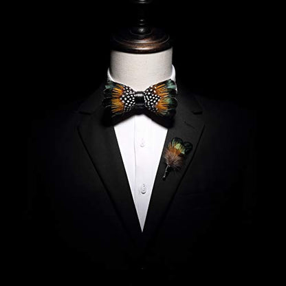 RBOCOTT Handmade Feather Pre-tied Bow tie and Brooch Sets for Men - color: Green/Yellow/White