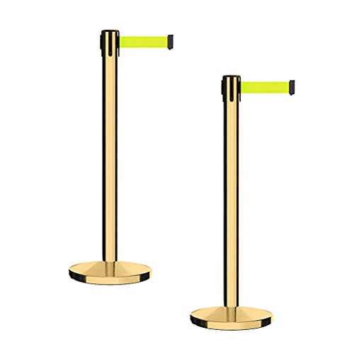 CCW Retractable Belt Barrier Stanchions, Pair, Polished Brass Posts, 7.5 Ft - color: Fluorescent Yellow, size: 7.5 Foot