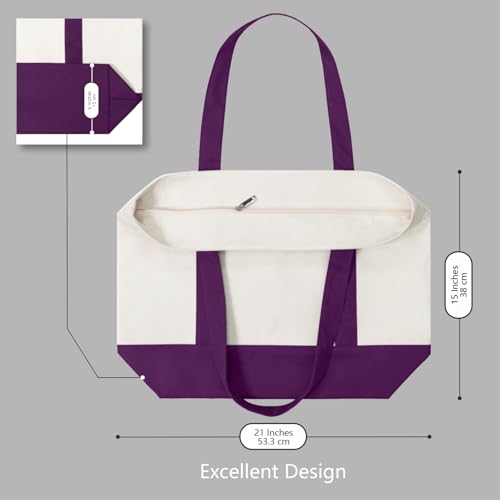 TOPDesign 1-Pack Canvas Tote Bag with an External Pocket, Reusable Grocery Shopping Bag, Top Zipper Closure, Daily Essentials (Purple/Natural) - color: Purple/Natural