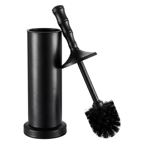 ROLABAM Toilet Bowl Brush and Holder Set, Rustproof Metal Toilet Cleaner Brush for Deep Cleaning, Heavy Freestanding Base with Splash Guard & Extended Handle, Space Saving Bathroom Accessory - color: Black-3