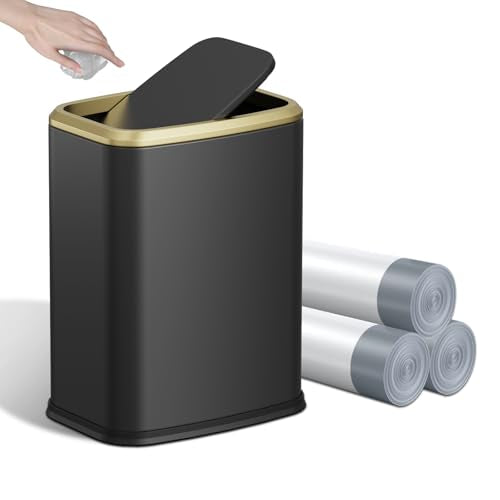 8L/2.1 Gallon Small Bathroom Trash Can with Lid, Swing-Top Rectangular Waste Bin, Stainless Steel Garbage Can for Home, Office, Toilet, Bedroom, Living-Room (Black) - color: Black