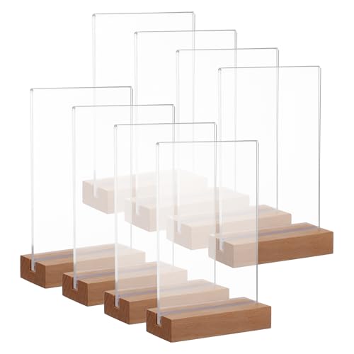 8 Pack Clear Acrylic Sign with Wood Base T Shape Sign Holder Vertical Acrylic Blank Stands Desktop Display Plastic Menu Frames Double Sided Flyer Stand for Wedding Restaurant Party Decoration