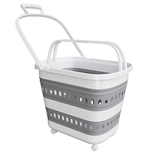 Folding Laundry Basket with Wheels Handle Collapsible Plastic Hamper 38L Portable Rubber Clothes Multi Use Grocery Shopping Cart Pop Up Storage Container Organizer with Hanging Space Saving White Grey