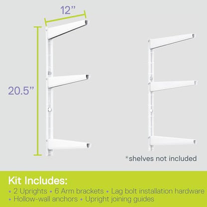 Delta Minimalistic White Shelf Brackets Cycle, Set of 6 Fully Adjustable 12-inch Heavy Duty Shelf Brackets, Holds Up to 480 lbs, Modern Shelf Bracket for Wood Shelves - style: 12" White 3-Tier Heavy Duty Rack