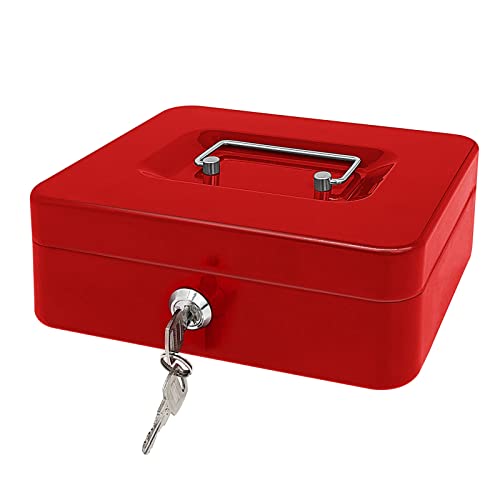 Steel Cash Box with Key Lock, Metal Small Money Organizer with Money Tray,Cash Storage Box with Lockable Cover (Red - 10 inch) - color: Red - 9.8" x 7.8" x 3.3"
