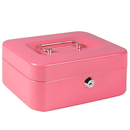Cash Box with Money Tray, Parrency Large Money Box with Key Lock，Medium，7 4/5" x 6 4/5" x 3 3/5"，Pink - color: Pink, size: Medium（7.87")