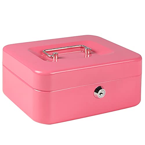 Cash Box with Money Tray, Parrency Large Money Box with Key Lock，Medium，7 4/5" x 6 4/5" x 3 3/5"，Pink - color: Pink, size: Medium（7.87")
