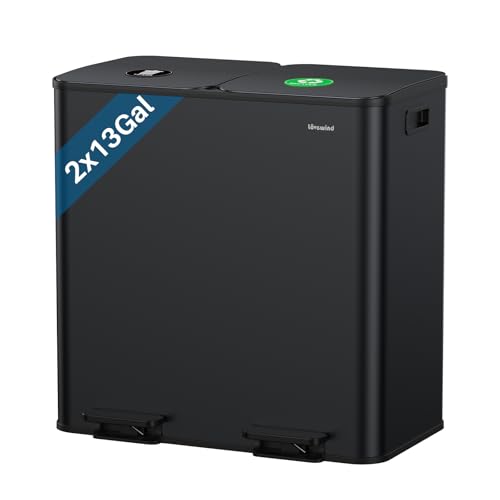 Dual Trash and Recycling Bins for Kitchen, 2×13 Gallon (2× 50L) Stainless Steel Trash and Recycle Bin Combo with Soft-Close Lid, Large Garbage Cans for Kitchen Home with 2 Magnets Sticker, Black - color: Black