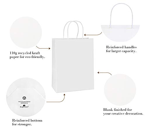 BagDream Kraft Paper Bags with Handles 10x5x13 Inch White 100 Pack Bulk - color: White