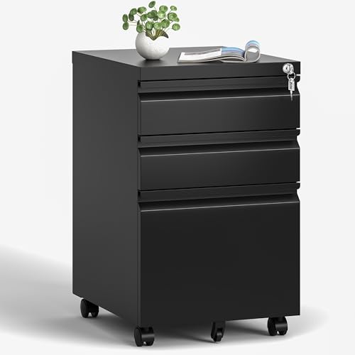 3 Drawer File Cabinet, Vertical File Cabinets with Lock for Home Office,Heavy Duty Office Steel Filing Cabinet for Hanging Letters/Legal/A4, Assembly Required (Black) - size: 3 Drawer-Wheel