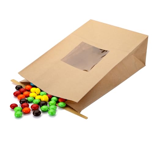 Yopay 100 Pack Kraft Paper Cookie Bags, Reusable Bakery Bread Bags with Window, Tin Tie Tab Lock Coffee Bags, 9.4 x 5.9 x 2.8 Inch Snack Bag for Cookies, Treats, Coffee Beans