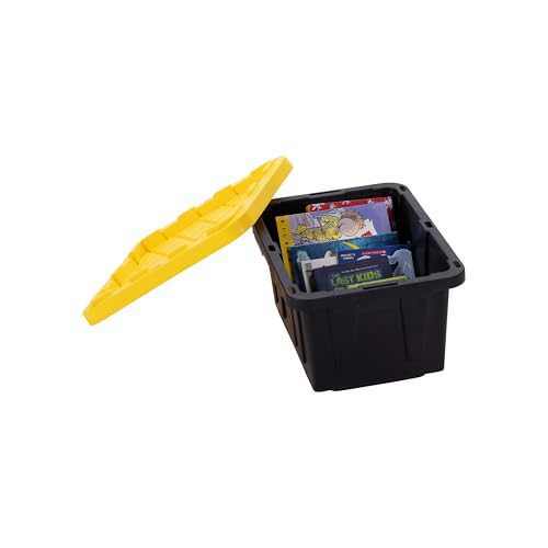 Plastic 5-Gallon Storage Tote with Lockable Lid, Stackable Tough Regular-Duty Bin for Garage, Tools, and Home Organization (2-Pack) - Black and Yellow - size: 5-Gallon (2-Pack)