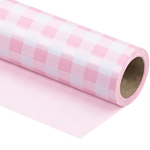 WRAPAHOLIC Reversible Wrapping Paper - Mini Roll - 17 Inch X 33 Feet - Pink and White Plaid Design for Birthday, Holiday, Wedding, Baby Shower - color: Pink, size: 17 inches x 33 feet