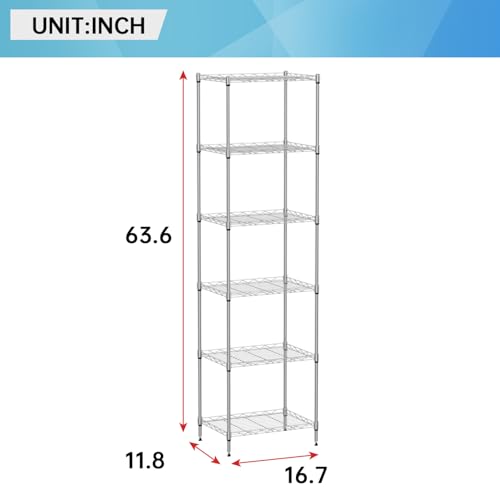 FDW | 6-Tier Wire Shelf | 17" x 12" x 64" | Chrome - color: Chrome, size: 6-Shelf Small No Wheels