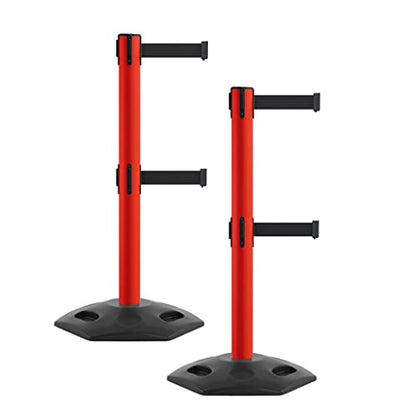 Montour Line MSR650D Set of 2 Retractable Belt Barrier Stanchion, Heavy-Duty Rubber Base, Red Steel Post (14 ft Black Belt) - color: Black, size: Red Steel