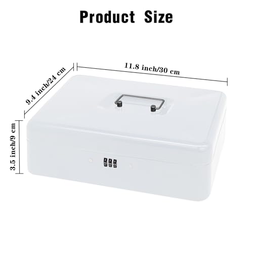 Steel Cash Box with Key Lock, Metal Small Money Organizer with Money Tray,Cash Storage Box with Lockable Cover (White- 11.8" x 9.4" x 3.5") - color: White- 11.8" x 9.4" x 3.5"
