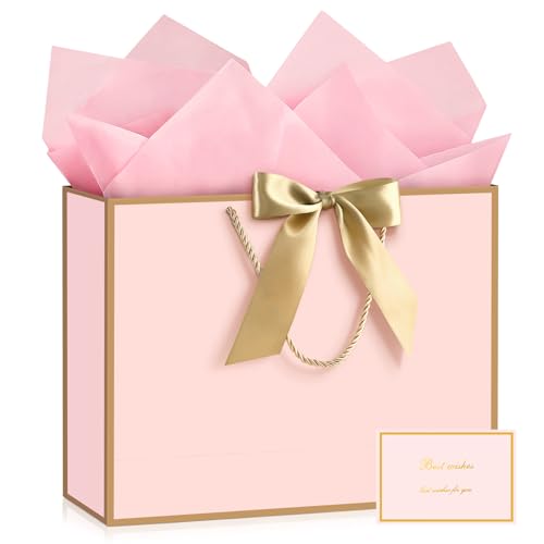 JMANNI Pink Gift Bags with Handles, 14.6” Large Gift Bags with Tissue Paper - color: Pink Golden