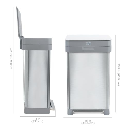 Clorox 13 Gallon Trash Can - 50L Kitchen Trash Can with Wide Step Pedal - Rectangular Stainless Steel Garbage Bin with Hinged Rim and Odor Protection - color: Stainless Step
