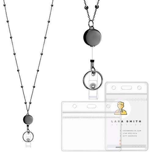 Stainless Steel Badge Lanyard with 2 Waterproof Id Holders, Black - color: Black