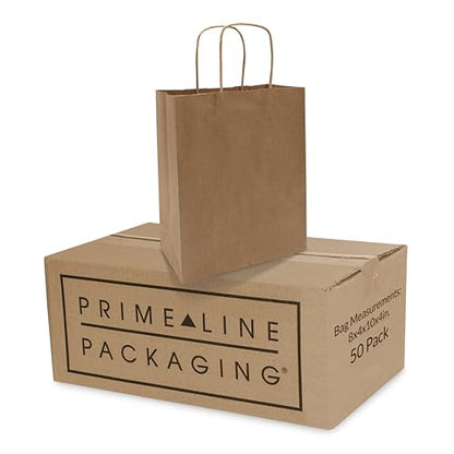 Prime Line Packaging Kraft Shopping Bags with Handles, 8x4x10 Inch, 50 Pack - size: 8x4x10 Inch