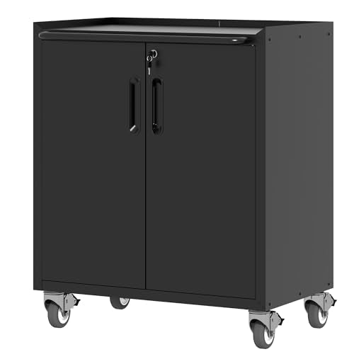 Metal Storage Cabinet for Garage, Tool Cabinet, Utility Cabinet - color: Black, size: M - 2 Doors (Wheeled)