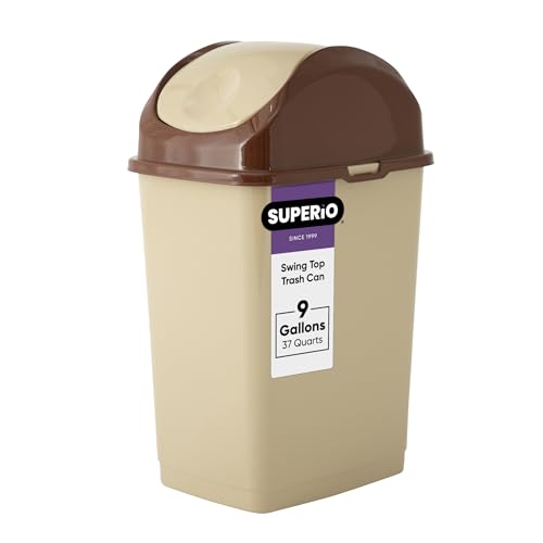 Superio Kitchen Trash Can with Swing Top Lid 9 Gallon Slim Waste Bin 37 Qt Sturdy Plastic Garbage Can Medium Recycling Bin for Office, Bathroom, Under Counter, Dorm, Bedroom (Beige/Brown) - size: 9 Gallon, style: 1 Pack