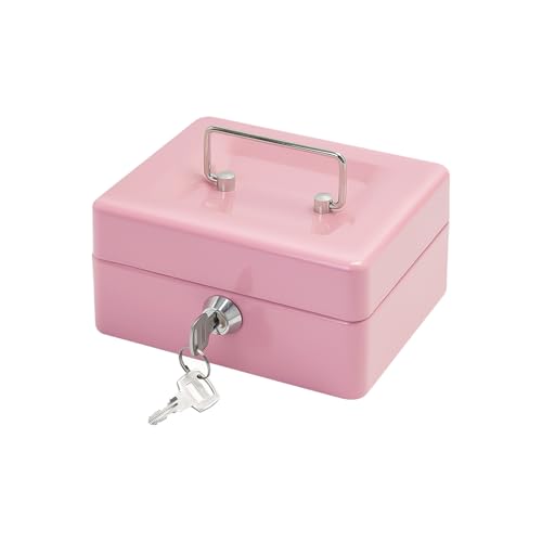 Steel Cash Box with Key Lock, Metal Small Money Organizer with Money Tray,Cash Storage Box with Lockable Cover (Pink - 5.9" x 3.1" x 4.7") - color: Pink - 5.9" x 3.1" x 4.7"