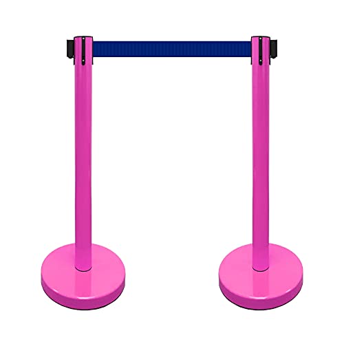 VIP Crowd Control Retractable Belt Stanchion Queue Safety Barrier Set, 36" Ht, 78" Belt (2 M.Pink Posts Blue Belt) - color: 2 M.Pink Posts Blue Belt