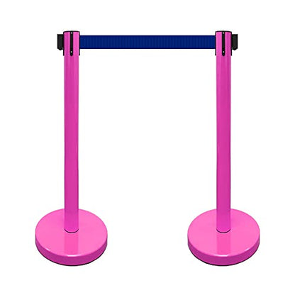 VIP Crowd Control Retractable Belt Stanchion Queue Safety Barrier Set, 36" Ht, 78" Belt (2 M.Pink Posts Blue Belt) - color: 2 M.Pink Posts Blue Belt