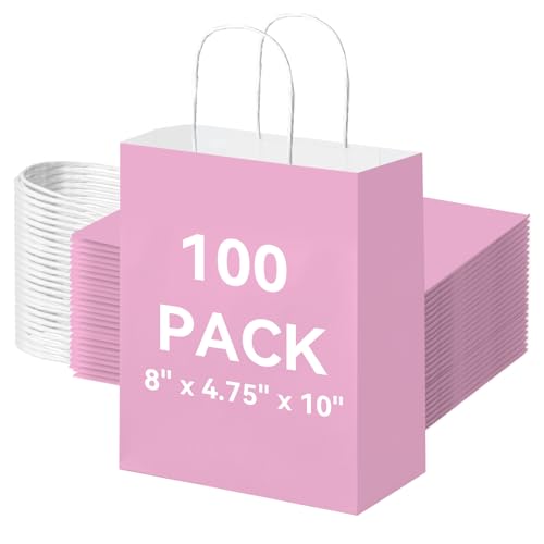 Brothersbox 100 Pack Paper Gift Bags with Handles, 8x4.75x10 Inch, Pink - color: Pink