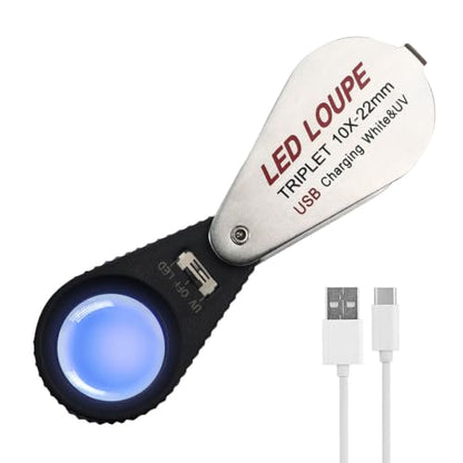 10X Jewelers Loupe Magnifier with UV & LED Lights, 22mm Triplet Lens, Rechargeable Foldable Jewelry Magnifier for Gems, Coins, Diamonds Inspection, Portable Loupe Tool