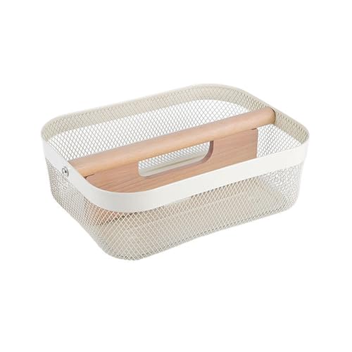 AJIODA Metal Mesh Steel Storage Basket, Garden Harvest Wire Organizer Basket Multi-functional Kitchen Fruit Basket with Wooden Removable Partition & Handle for Bath Picnic Decor Cabinet, Cream White - color: Cream White