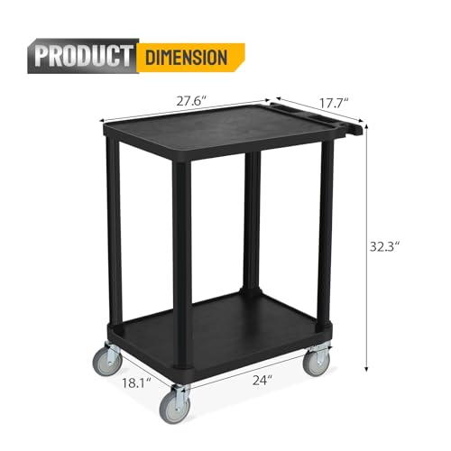 Leadzm 2-Tier Plastic Flat Utility Cart, Commercial Rolling Service Cart on Wheels with Braker, Multi-Function Handle and Large CapacityStorage,Perfect for Warehouse Garage Office,Black