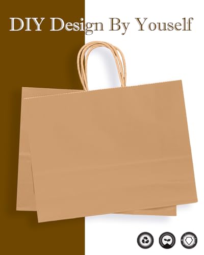qiqee 13"x4.5"x10" Large Gift Bag with Handles Bulk 100PCS Gift Paper Bags Brown Bags Multiple Uses (Wide Large) - size: Wide Large - 100 Packs