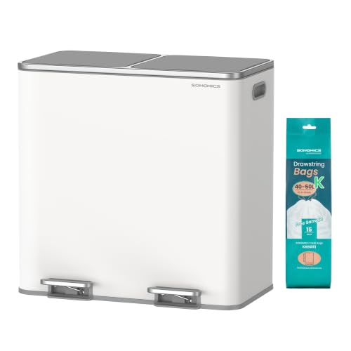 SONGMICS Trash Can, 2 x 10.6 Gallon (2 x 40 L), White and Gray - color: White + Gray, size: 2 x 10.6 Gallon