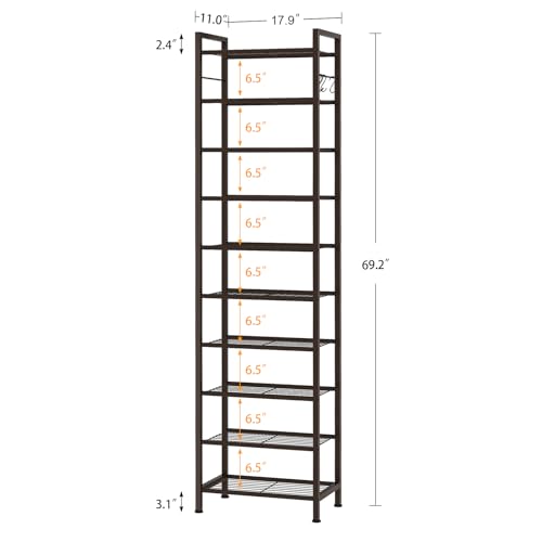 usikey 10 Tiers Narrow Shoe Rack 20-30 Pairs, Sturdy Metal Tall Shoe Rack Shelf with 4 Hooks, Slim Shoe Storage with Metal Shelf, Space Saving Vertical Shoe Organizer for Closet Entryway, Bronze - color: 10 Tier ( 17.9 X 11 X 69.2 Inches)-bronze
