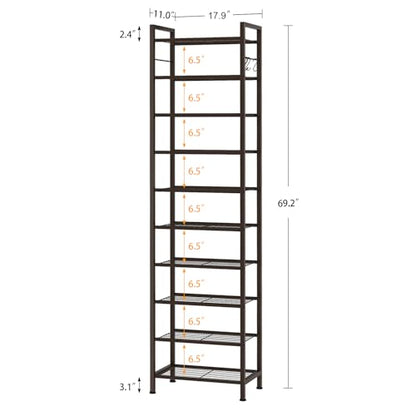 usikey 10 Tiers Narrow Shoe Rack 20-30 Pairs, Sturdy Metal Tall Shoe Rack Shelf with 4 Hooks, Slim Shoe Storage with Metal Shelf, Space Saving Vertical Shoe Organizer for Closet Entryway, Bronze - color: 10 Tier ( 17.9 X 11 X 69.2 Inches)-bronze