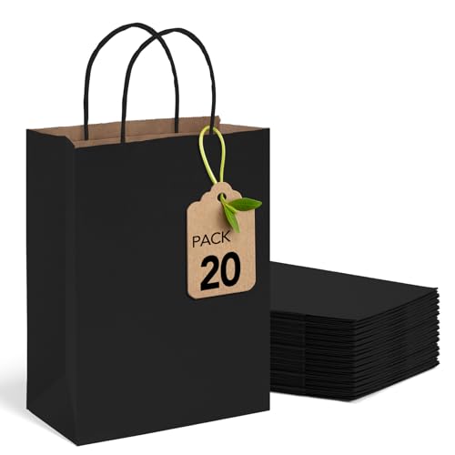 MESHA Black Gift Bags 8x4.25x10.5 20Pcs,Small Paper Bags with Handles Bulk - color: Jet Black