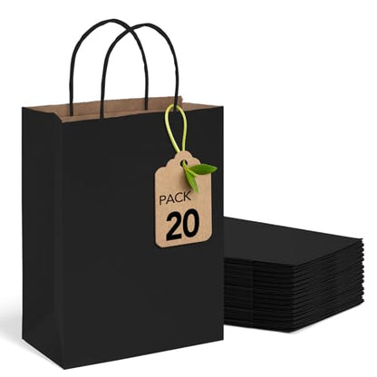 MESHA Black Gift Bags 8x4.25x10.5 20Pcs,Small Paper Bags with Handles Bulk - color: Jet Black