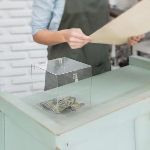 Acrylic Donation Box with Lock Clear Ballot Box 6" Locking Suggestion Fundraising Donation Bar School Voting Box Acrylic Countertop Piggy Bank Bin by Marketing Holders - size: 6"W x 6"D x 6"H