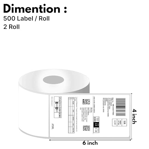 4” x 6” Direct Thermal Labels – 1000 Labels (2 Roll, 500 per Roll) Water & Oil Resistant, Permanent Adhesive – Compatible with Zebra, Rollo & Similar Printers (Not for DYMO) (2 Rolls) - size: 2 Rolls