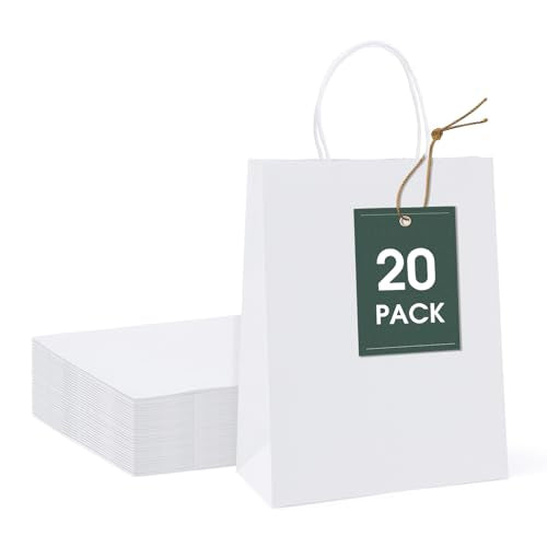 GSSUSA White Paper Bags with Handles, Medium Gift Bags 8x4.25x10.5, 20 Pack - color: White, size: 1 Count (Pack of 20)