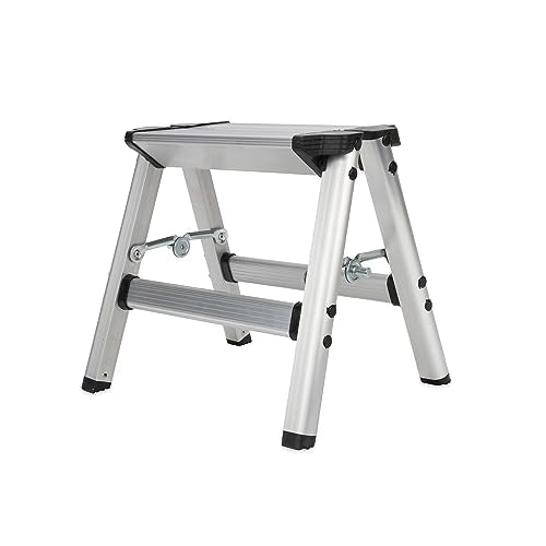 Camco Folding Metal Step Stool - Perfect for Hard to Reach Areas in Kitchens and Closets, Great as a Truck Stool, Folds for Easy Storage (43672), Silver,One Size
