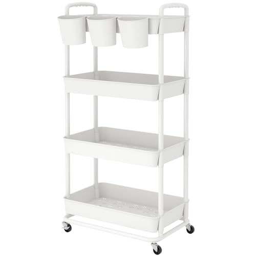 JIUYOTREE 4-Tier Plastic Rolling Storage Cart Utility Cart White - color: White, size: 4-Tier