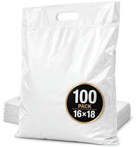 16x18 Large Plastic Shopping Bags for Small Business with Handles - color: White