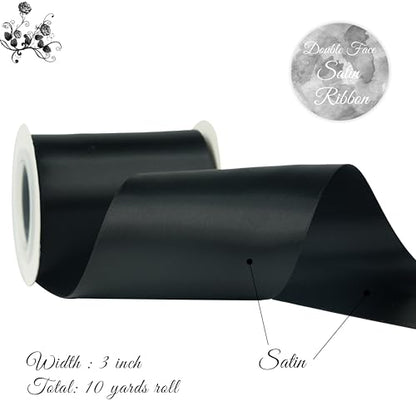 Black Double-Faced Satin Ribbon, 3 Inch x 10 Yards - color: Black