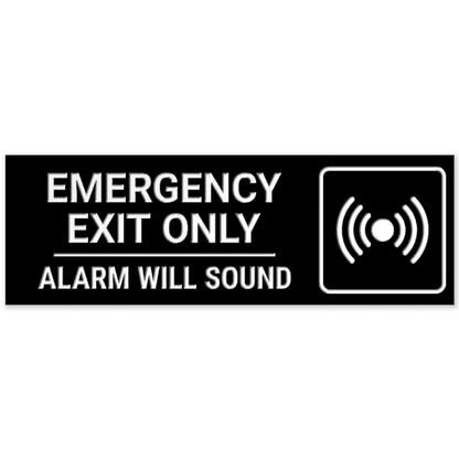 Emergency Exit Only Alarm Will Sound Sign, Engraved, - color: Black, size: 3x9